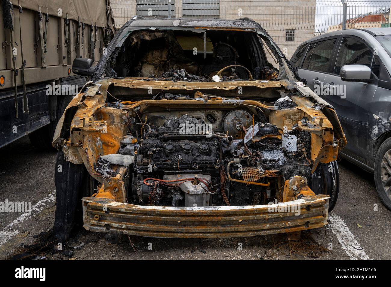 A damage caused by fire to a car that was totally burnt, inside and out. Stock Photo