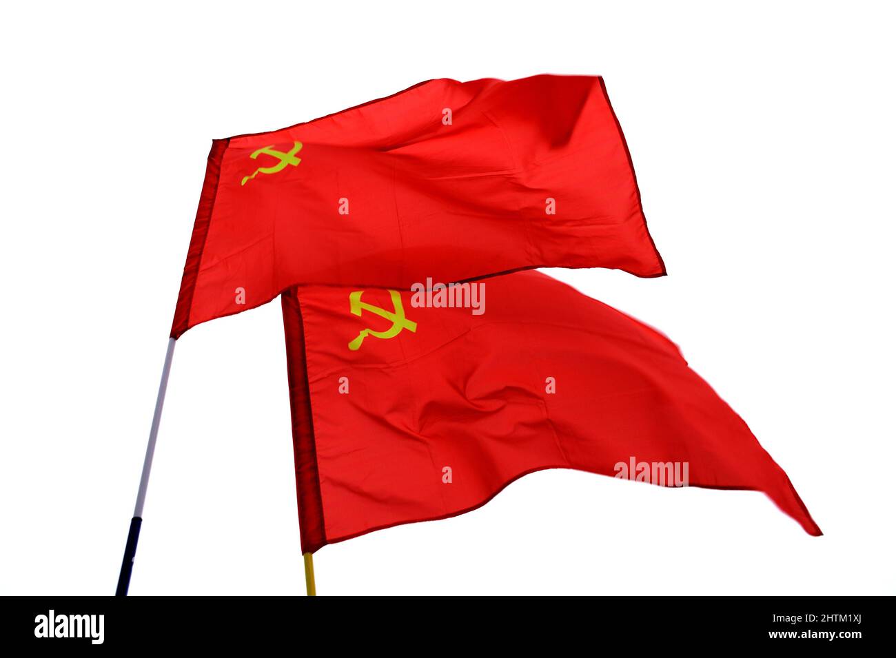 Two red Soviet USSR flags isolated Stock Photo