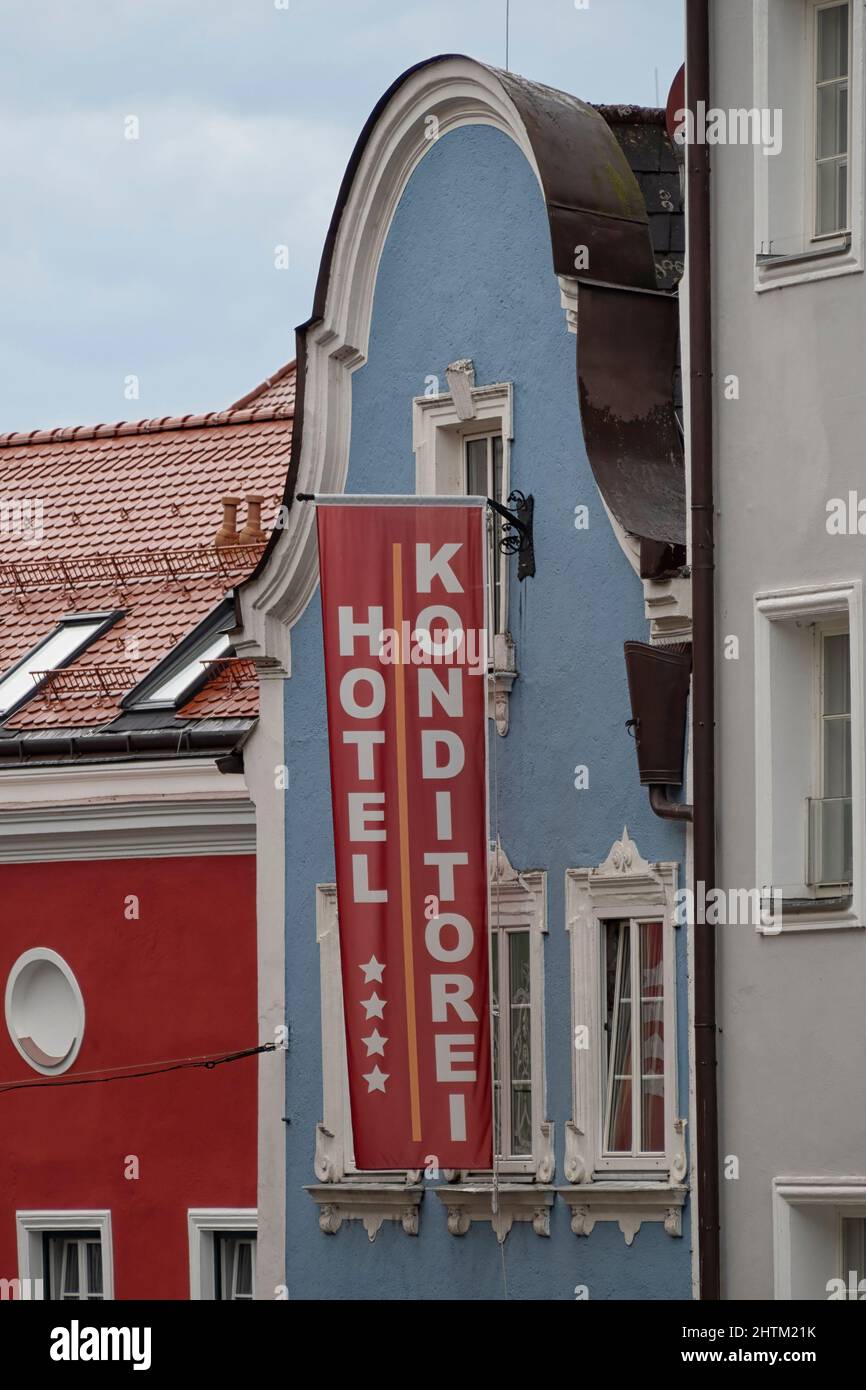 SCHARDING, AUSTRIA - JULY 12, 2019:  Sign outside Hotel and Cake Shop (Konditorei) in Oberer Stadtplatz Stock Photo
