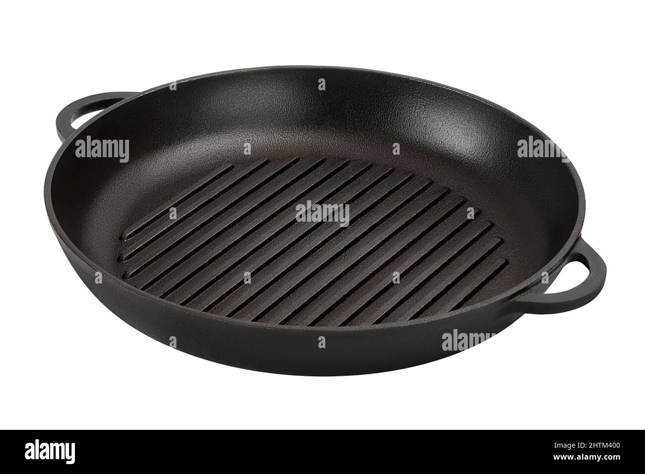 Empty cast iron grill frying pan isolated on white background with