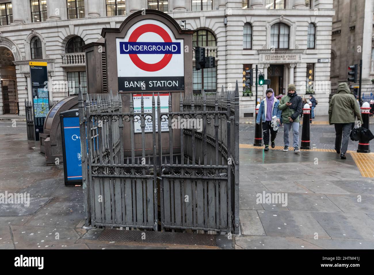 London, UK. 01st Mar, 2022. The entrance gates of Bank Underground station  are shut. A 24 hour walk out by RMT members directly affects all tube lines  in the capital, with underground