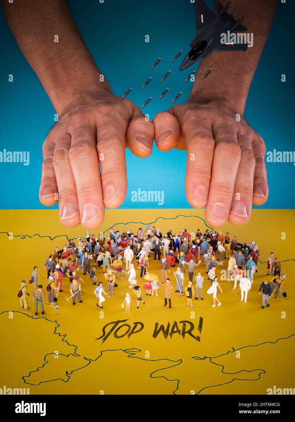 Stop War on the Ukraine. Ukraine flag and Ukrainian people concept. Pray For Ukraine peace. Save Ukraine from Russia and from Russian attack. Protect Stock Photo