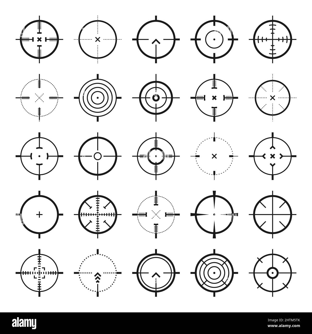 Crosshair, gun sight vector icons. Bullseye, black target or aim symbol