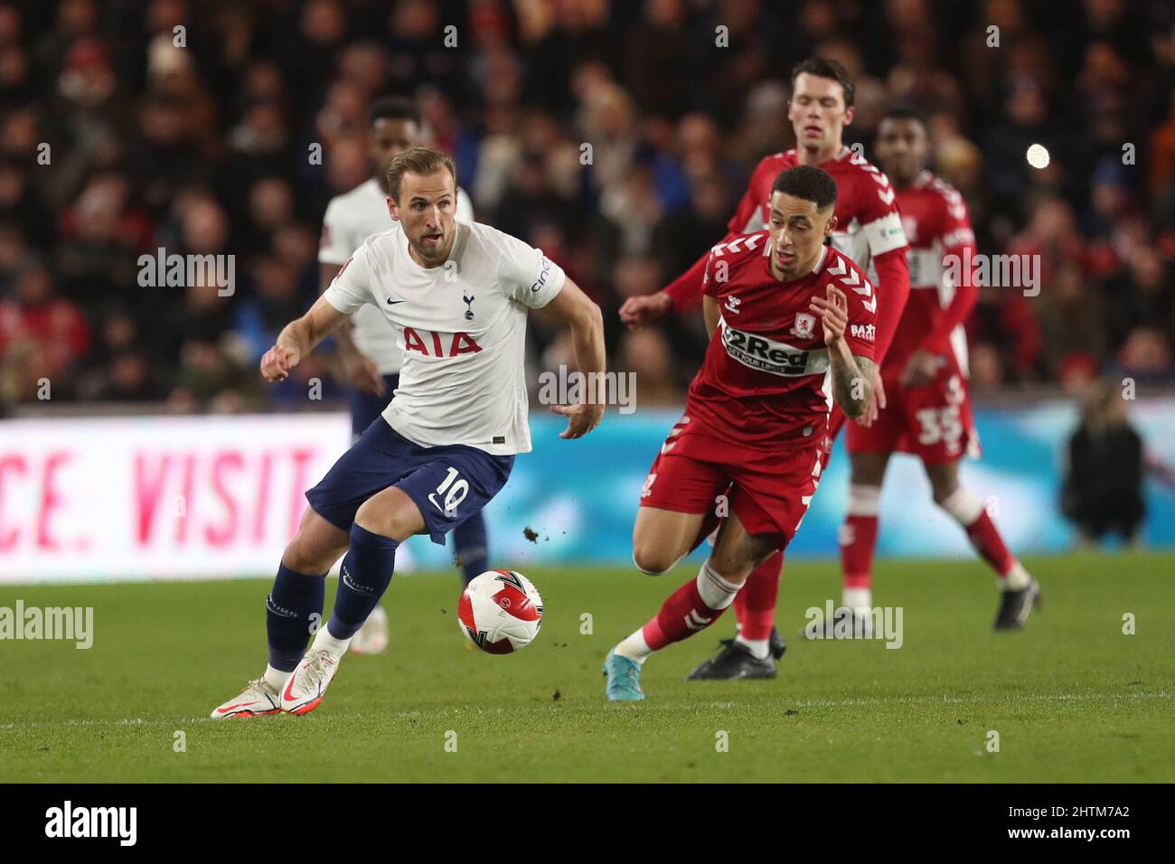 MIDDLESBROUGH, UK. MAR 1ST Tottenham Hotspur's Harry Kane and Marcus Tavernier of Middlesbrough during the FA Cup Fifth Round match between Middlesbrough and Tottenham Hotspur at the Riverside Stadium, Middlesbrough on Tuesday 1st March 2022. (Credit: Mark Fletcher | MI News) Credit: MI News & Sport /Alamy Live News Stock Photo