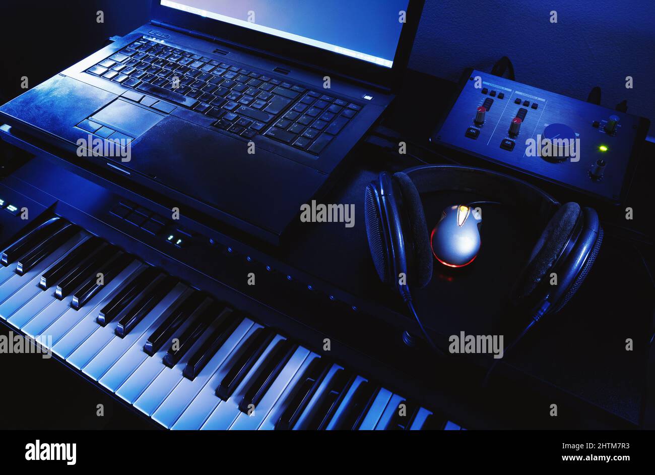 Details of simple and modern home studio for composing and recording. Stock Photo