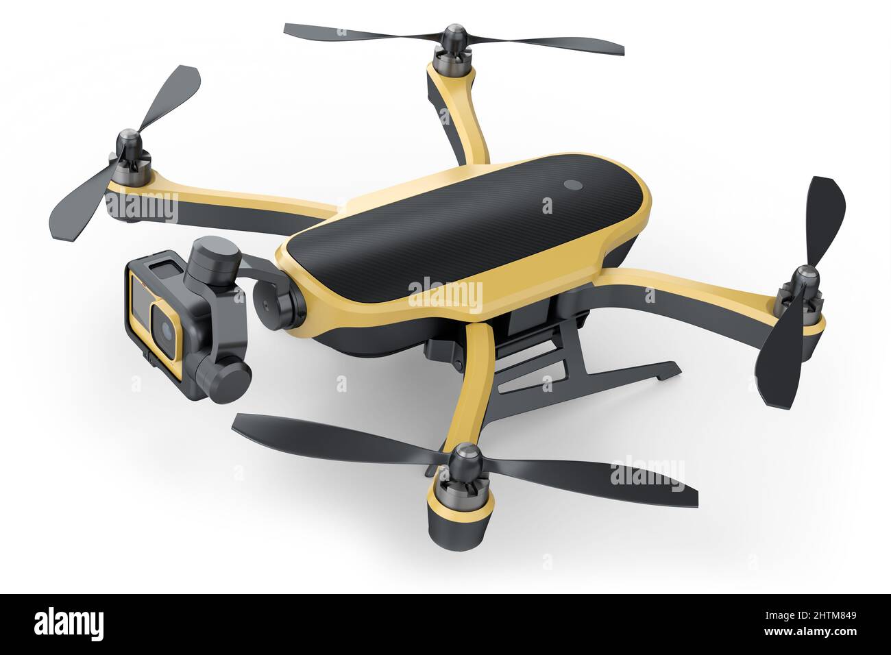 Flying photo and video drone or quadcopter with action camera isolated ...