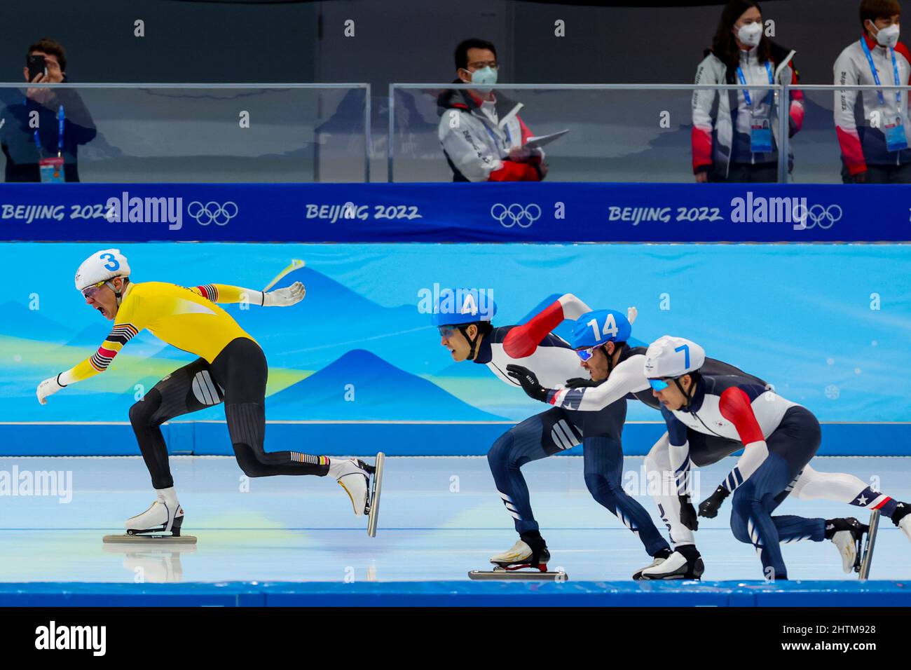 (L to R) Bart Swings (BEL),  Seung Hoon Lee (KOR),  Joey Mantia (USA),  Jae Won Chung (KOR),  FEBRUARY 19, 2022 - Speed Skating :  Men's Mass Start Fi Stock Photo