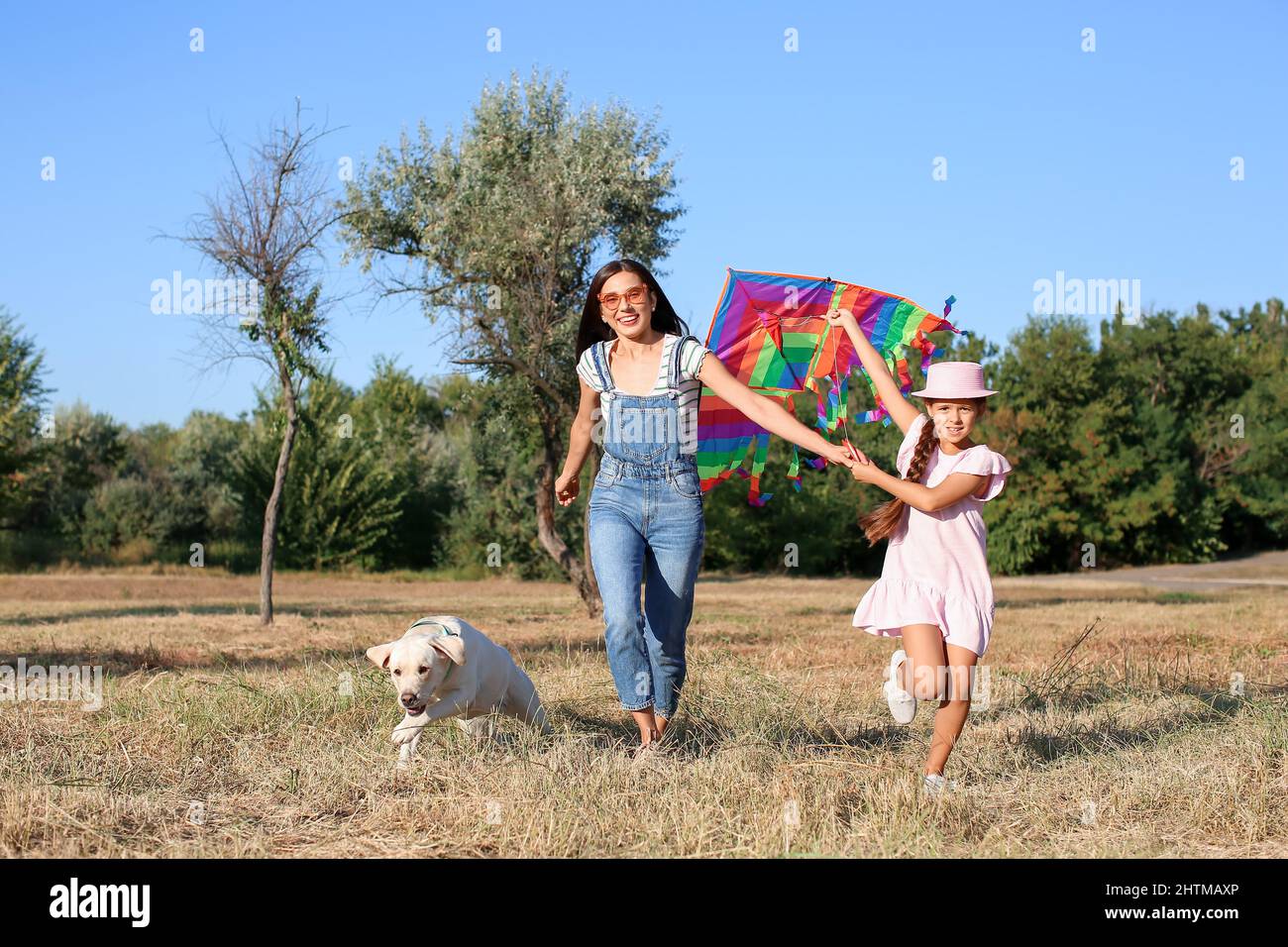 Cute little girl with her mother and dog flying kite in park Stock