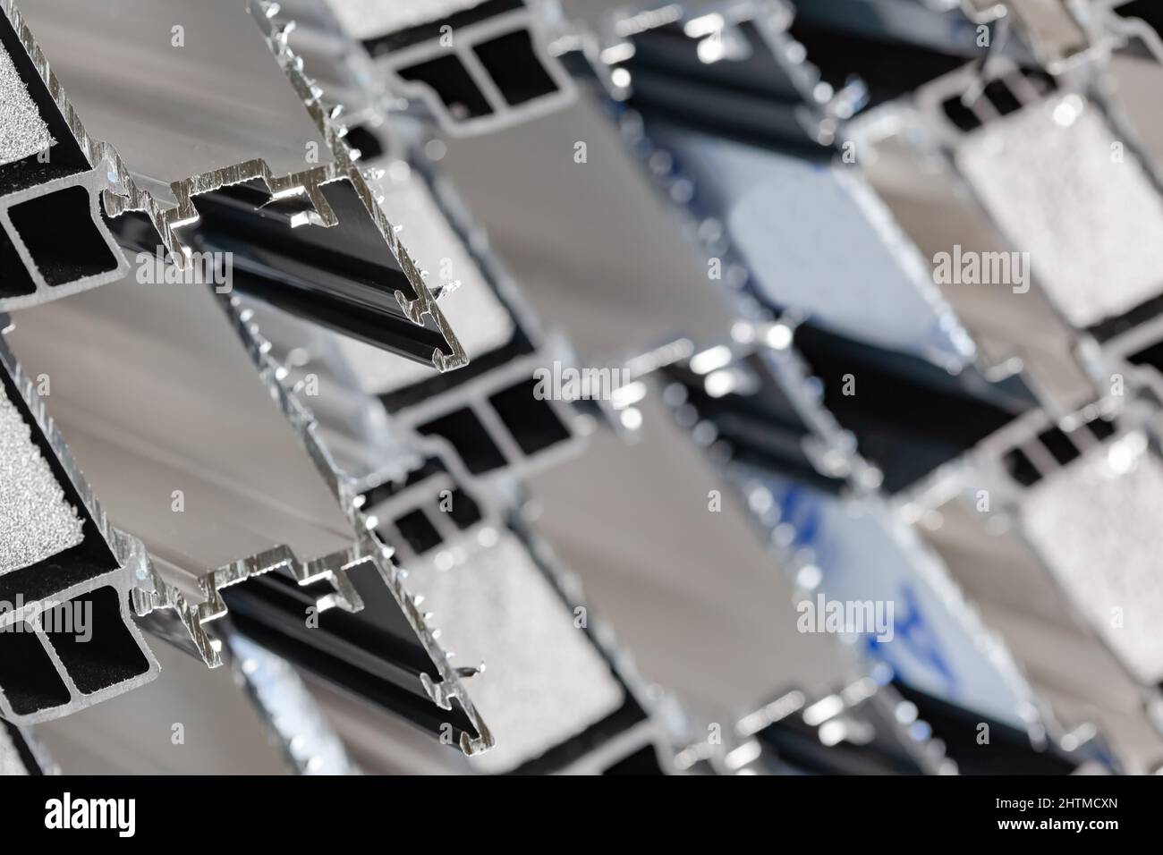 Steel factory warehouse displayed aluminum profile for window, door, bathroom box Stock Photo