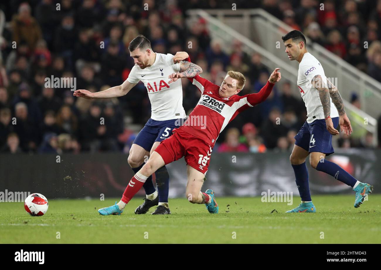 Soccer Football - FA Cup Fifth Round - Middlesbrough v Tottenham Hotspur - Riverside Stadium, Middlesbrough, Britain - March 1, 2022 Tottenham Hotspur's Pierre-Emile Hojbjerg in action with Middlesbrough's Duncan Watmore REUTERS/Scott Heppell Stock Photo