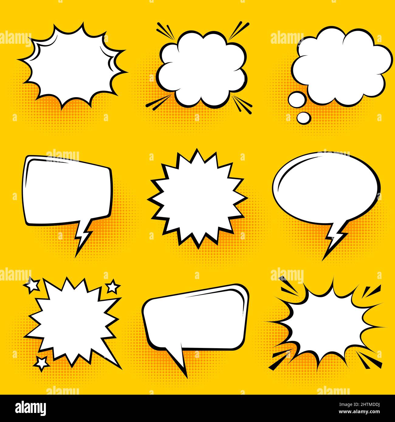 Blank comic speech bubbles with halftone shadows on yellow background ...