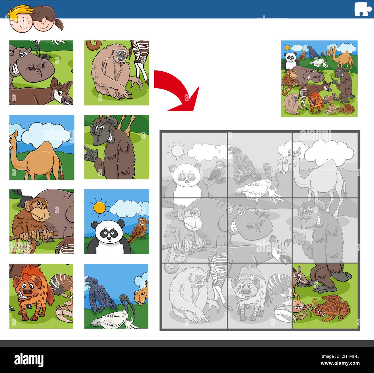Cartoon illustration of educational jigsaw puzzle game for children ...