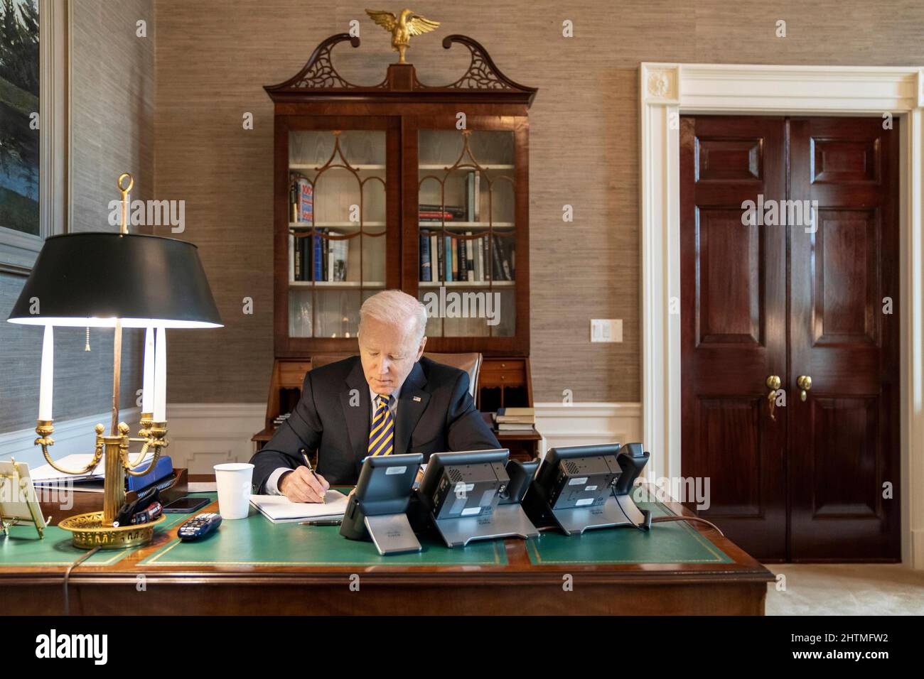 Washington, United States Of America. 01st Mar, 2022. Washington, United States of America. 01 March, 2022. U.S President Joe Biden holds a conference call with Ukrainian President Volodymyr Zelenskyy to discuss the ongoing military assault by Russia, from the White House March 1, 2022 in Washington, DC Credit: Adam Schultz/White House Photo/Alamy Live News Stock Photo