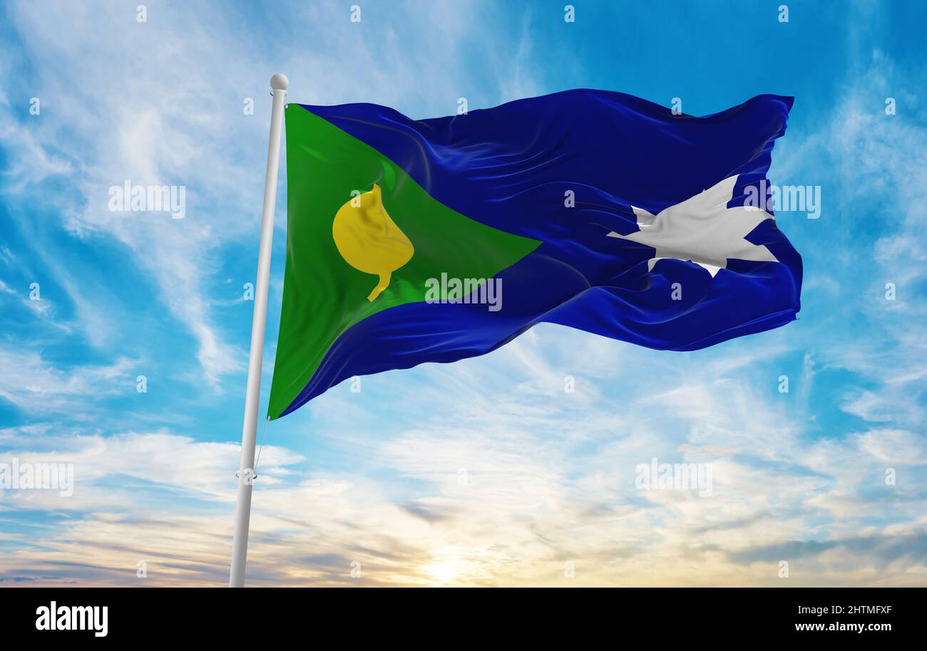 flag of Saibai Island , Australia at cloudy sky background on sunset, panoramic view. Australian travel and patriot concept. copy space for wide banne Stock Photo
