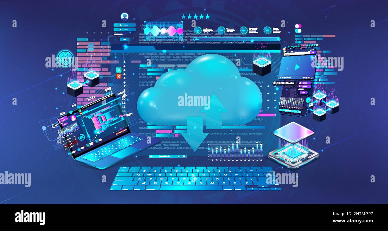Concept Cloud computing. Cloud technologies, servers and service Stock Vector