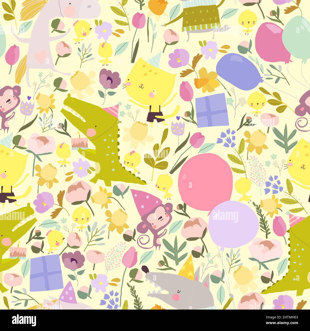 Seamless Pattern with Cute Animals celebrating Birthday Stock Vector