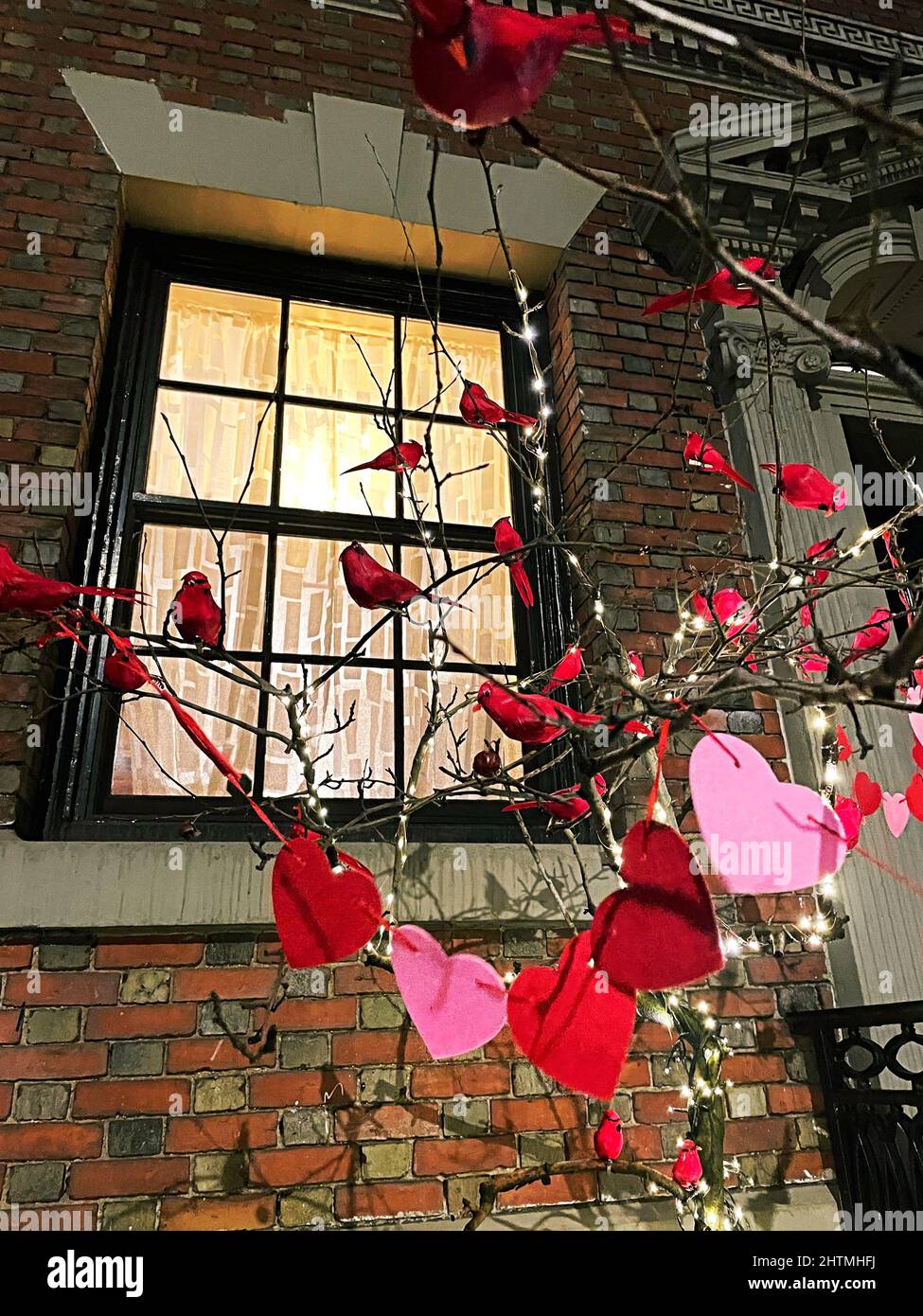 Valentine Day decorations in front of an historic Murray Hill brownstone, New York City, USA Stock Photo