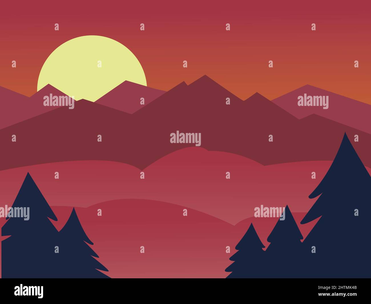 Illustration of mountains landscape with sunset and trees Stock Photo ...