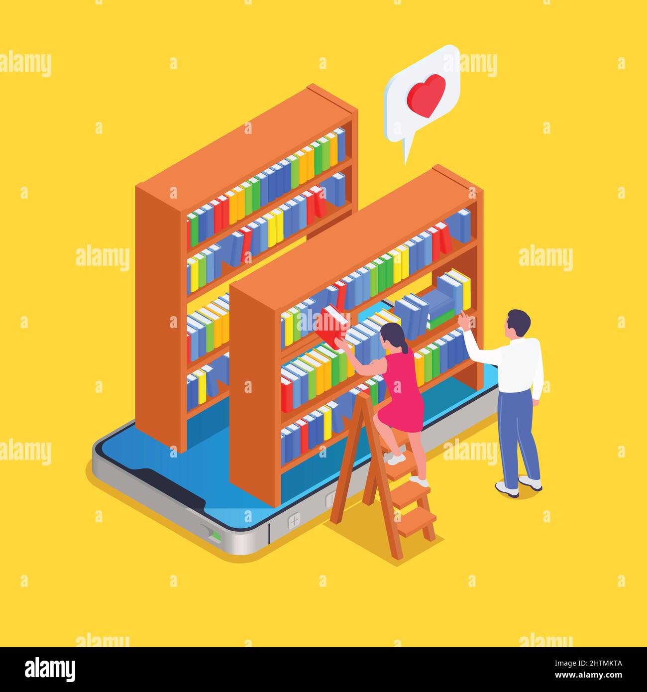 Digital online library isometric and colored concept two people looking ...