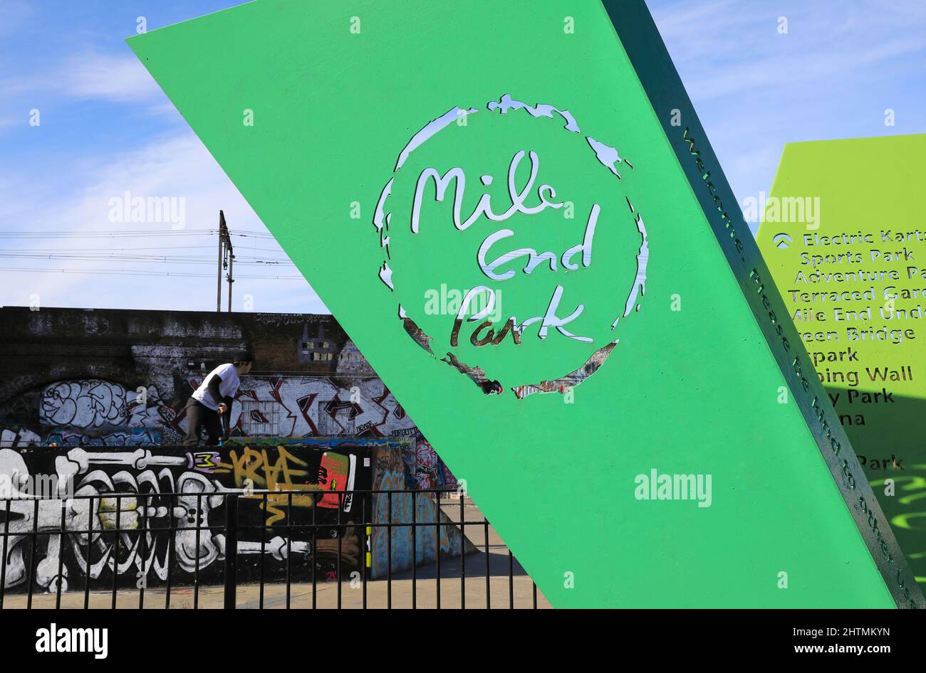 Sign for Mile End Park, by the Skatepark, in Tower Hamlets, east London, UK Stock Photo