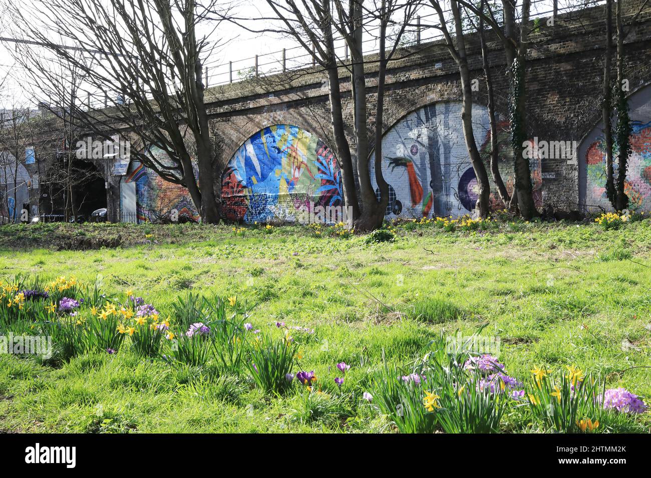 Ackroyd Drive Green Link, east London's only chalk meadow, with spring flowers, street murals on the railway arches and part of Tower Hamlets Cemetery Stock Photo