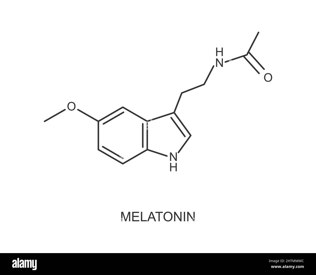Melatonin molecular structure. Hormone used for jet lag, insomnia, circadian rhythm disorder therapy. Sleep and wake cycle regulation icon isolated on white background. Vector graphic illustration Stock Vector