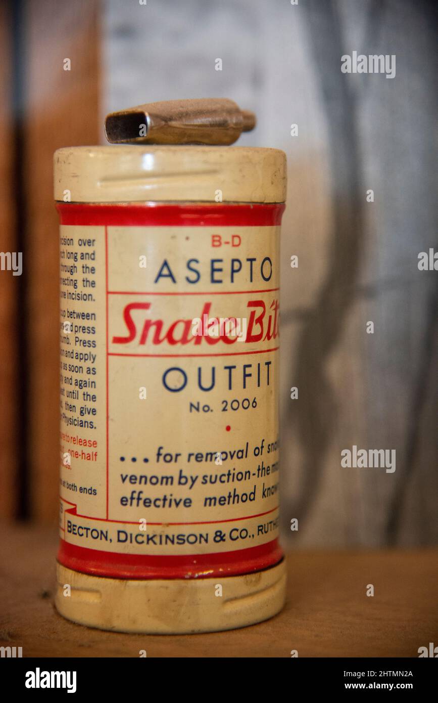 medicene used by homesteaders on the Wyoming prairie for snake bites, on display at the Homesteaders Museum in Torrington, Wyoming Stock Photo
