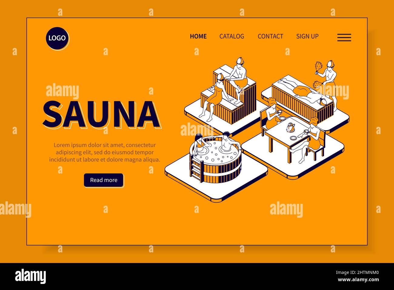 Sauna isometric landing page for web site with sign up catalog contact headings vector illustration Stock Vector