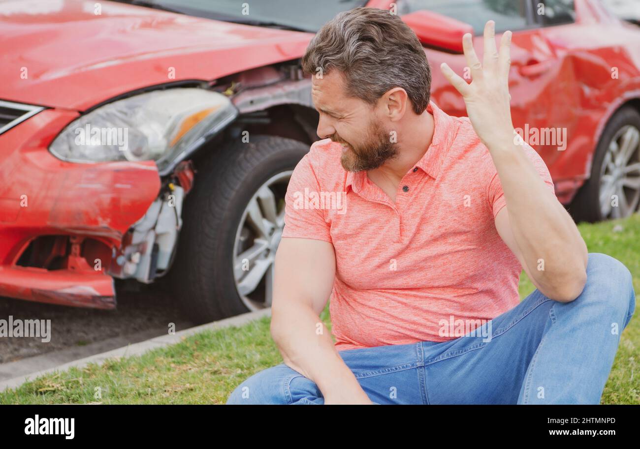 Car crash accident on street. Upset driver after traffic accident Stock ...