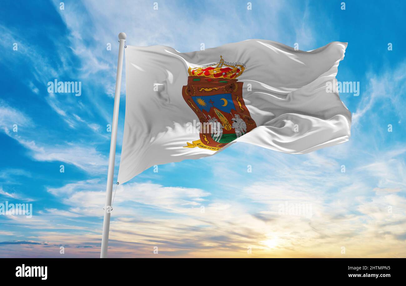 flag of Zacatecas , Mexico at cloudy sky background on sunset, panoramic view. Mexican travel and patriot concept. copy space for wide banner. 3d illu Stock Photo