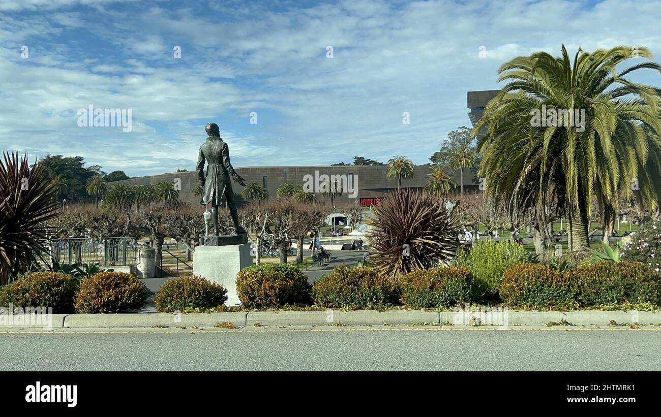 Statue is visible in the Music Concourse area of Golden Gate Park, San Francisco, California, January 16, 2022. Photo courtesy Sftm. Stock Photo
