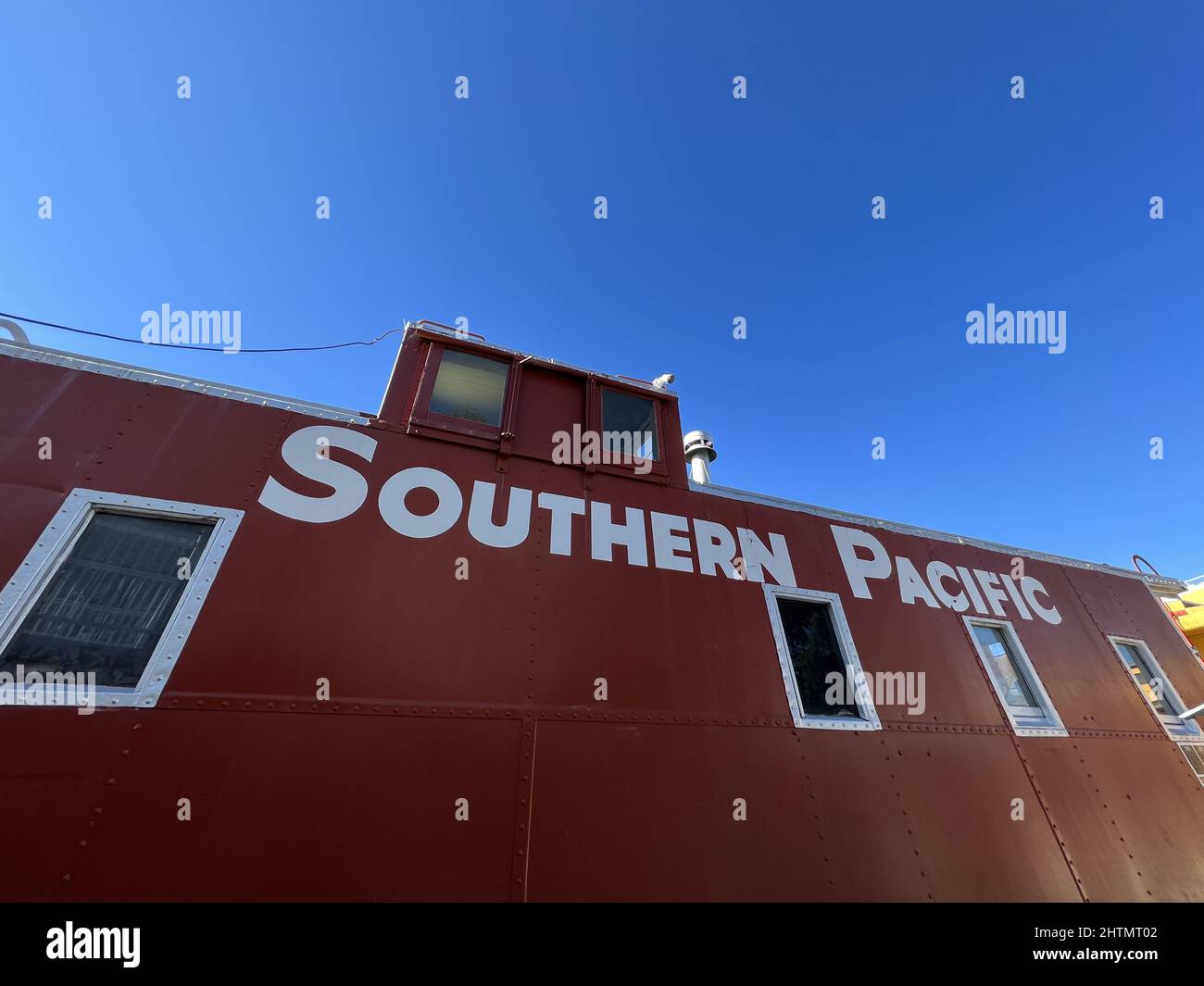 Logo for Southern Pacific on the side of an antique train car in Sonoma