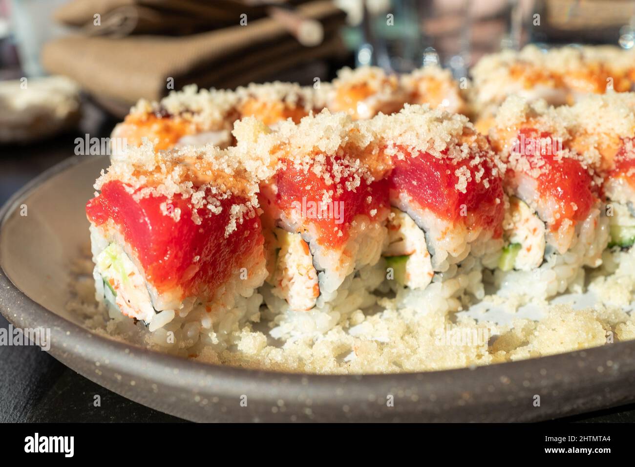 Sushi roll with tempura flakes and raw fish at Bamboo Sushi restaurant