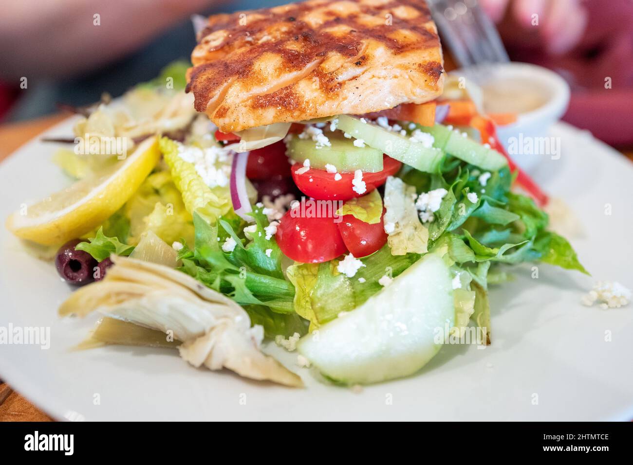 Salmon caesar salad at Jacob's Restaurant in Sonoma, California