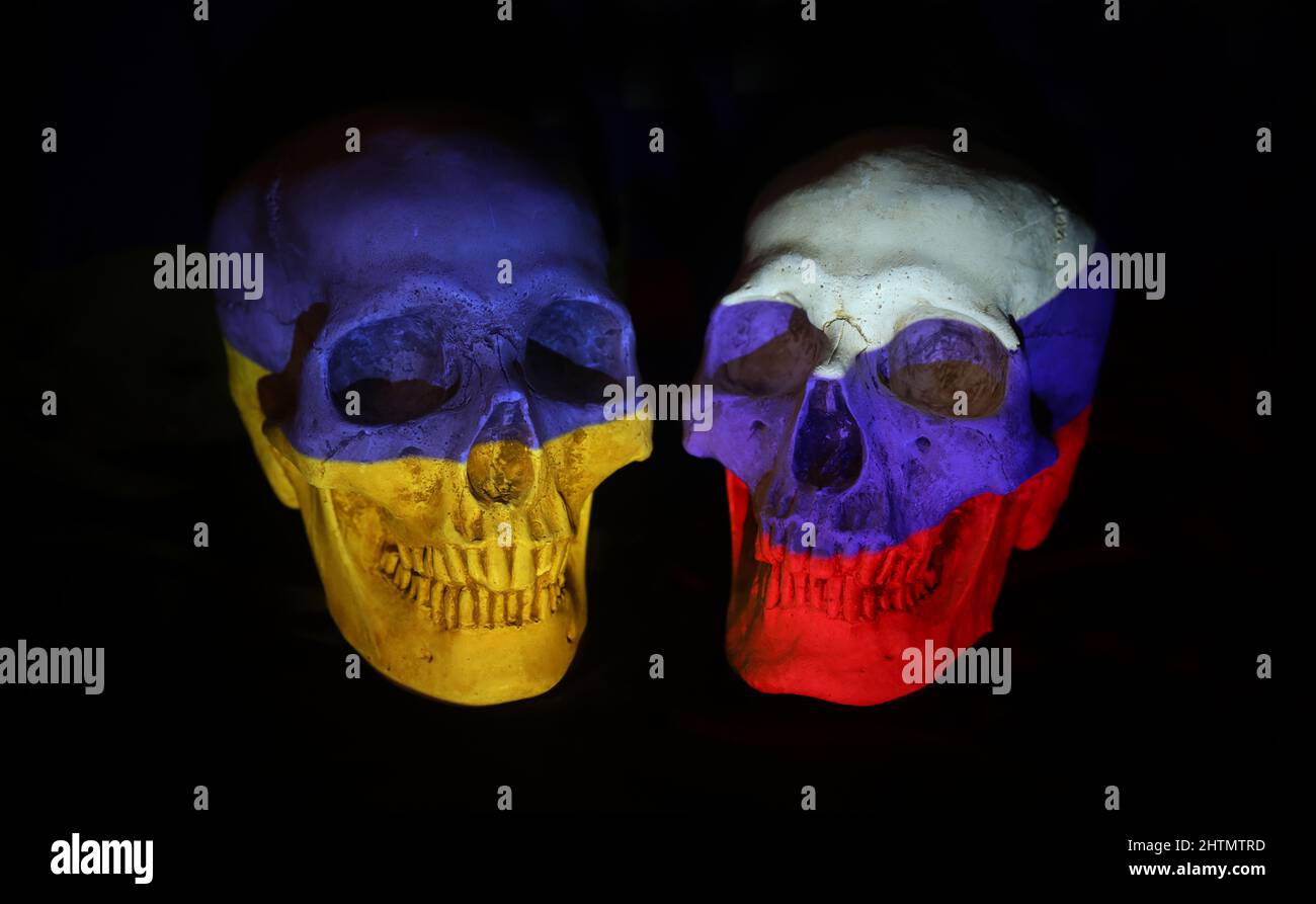 Russian and Ukrainian flags projected onto 2 human skulls against a plain black background. Human cost of war and the tension between the two sides Stock Photo