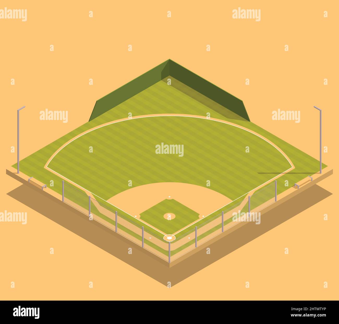 Baseball isometric composition with view of empty ball field covered