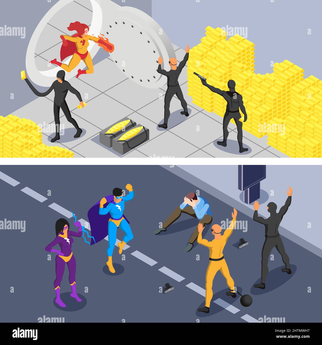 Fighting Evil Graphics Superheroes and supervillains isometric horizontal banners with strong ...