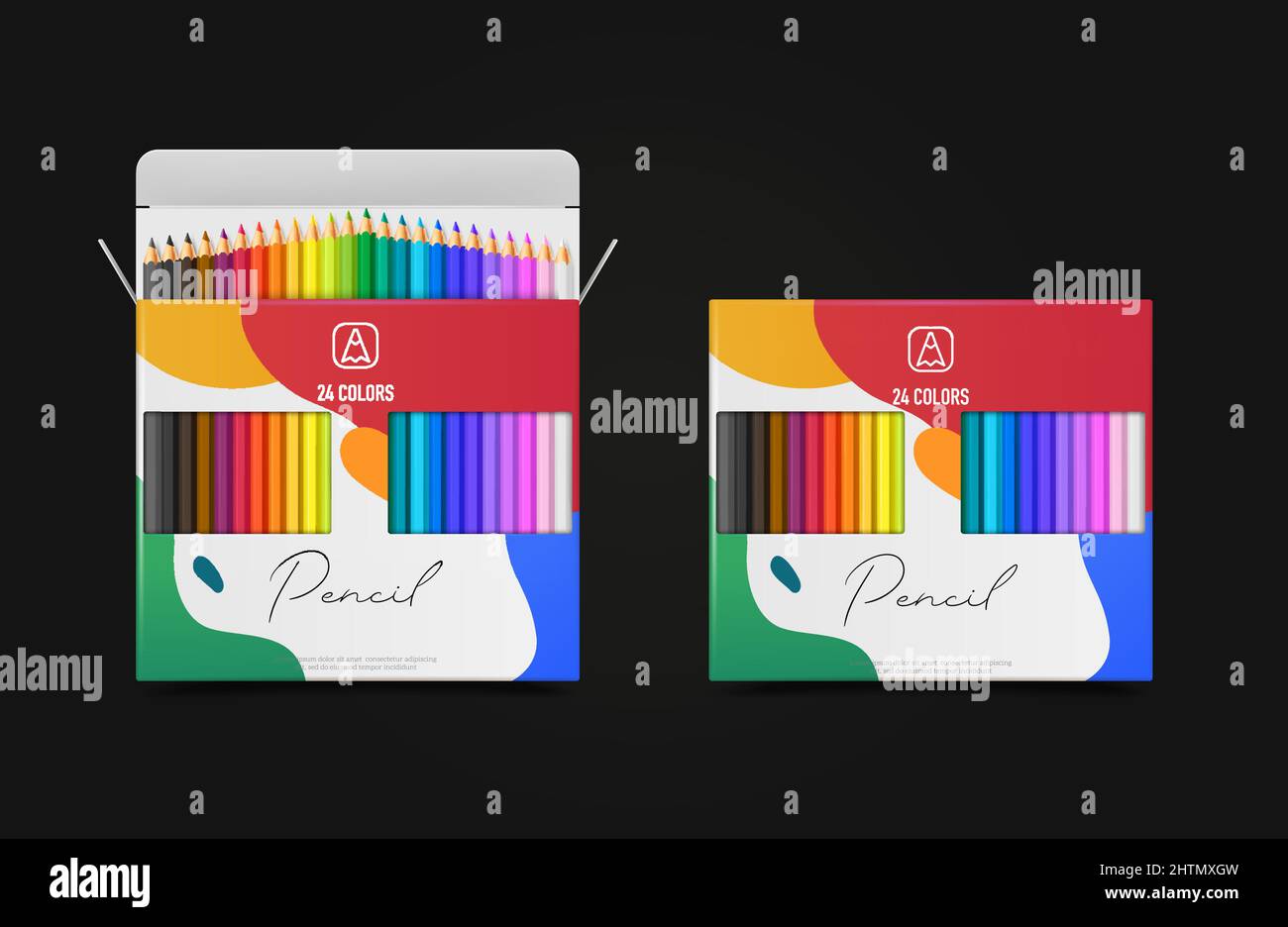 Colored multicolored pencils realistic design concept with packaging isolated vector illustration Stock Vector