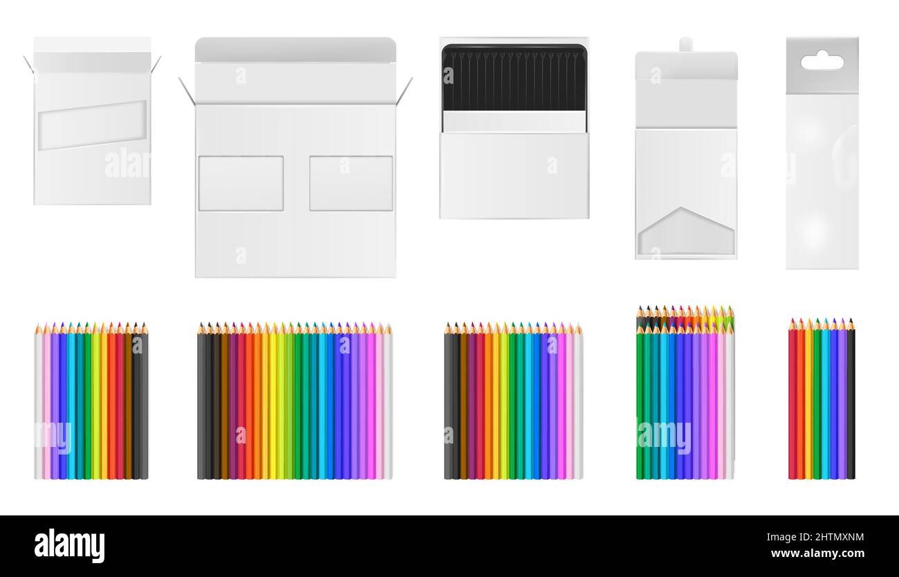 Colored bright multicolored pencils realistic set with blank packaging isolated vector illustration Stock Vector