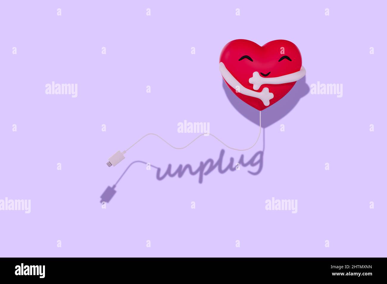 Unplug to reconnect with yourself, digital detox, unplugged heart hugging itself, 3D illustration Stock Photo