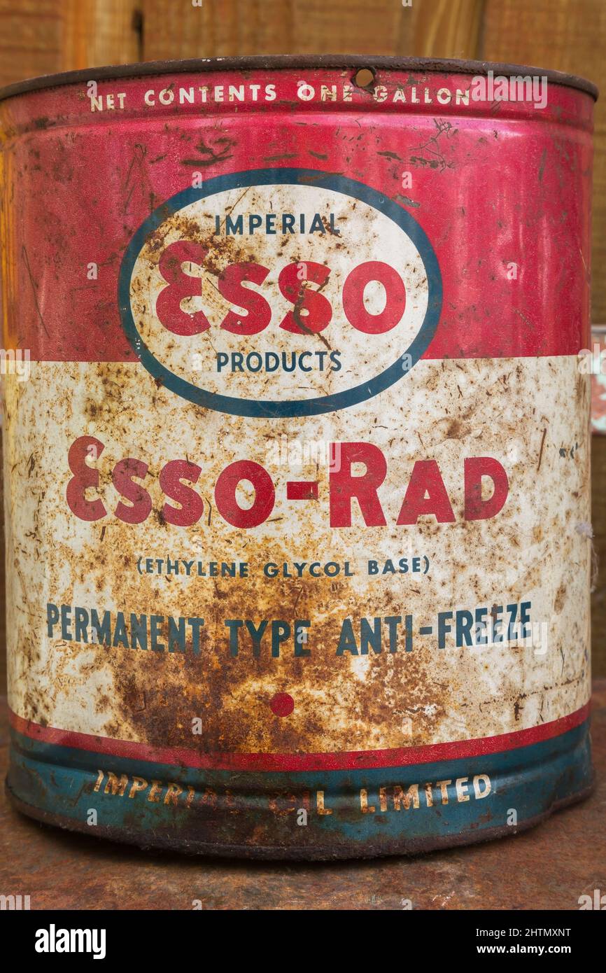 Old one gallon can of Esso Rad Imperial anti freeze liquid. Stock Photo