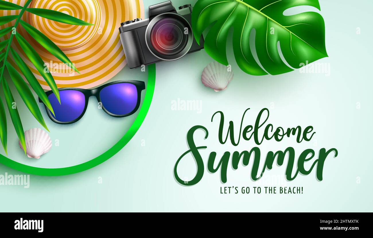 Summer vector background design. Welcome summer greeting text with plant  leaves, camera and hat tropical elements for holiday season nature flat lay  Stock Vector Image & Art - Alamy