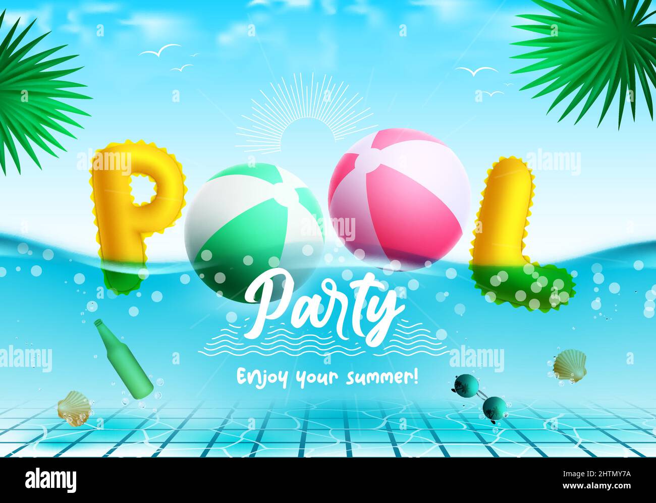 Summer party vector concept design. Pool party typography creative text with floating beach ball and inflatable letters in front view underwater. Stock Vector
