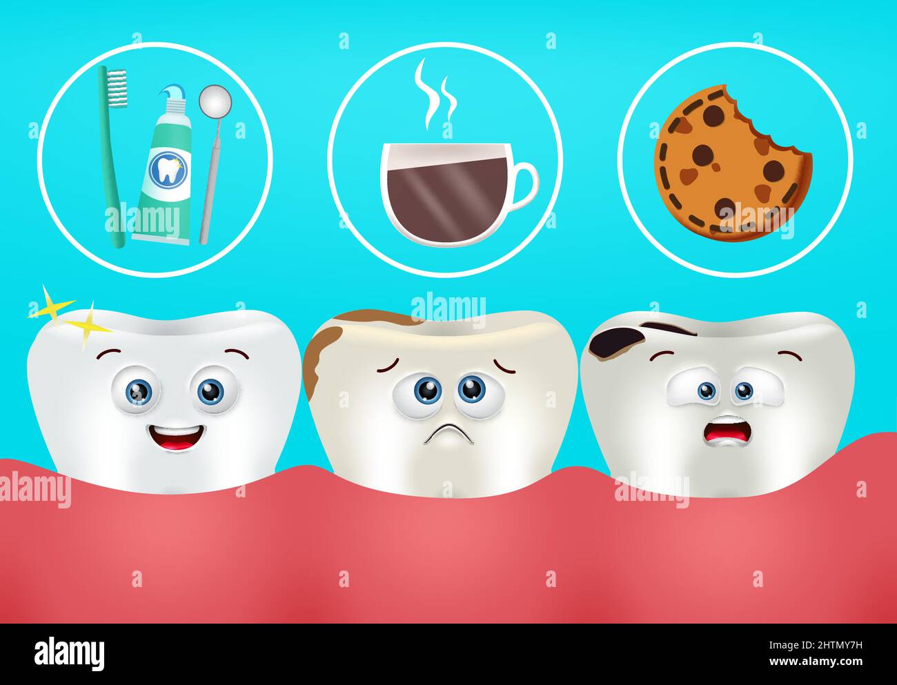 Teeth emoji vector design. Tooth emojis in dental condition with healthy, strong, stain and decay from sweets and coffee elements for oral health. Stock Vector