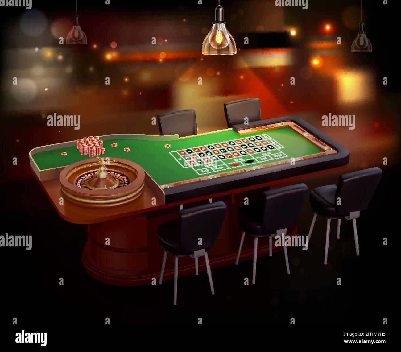 Classic roulette table in casino room with spin wheel reel and chips
