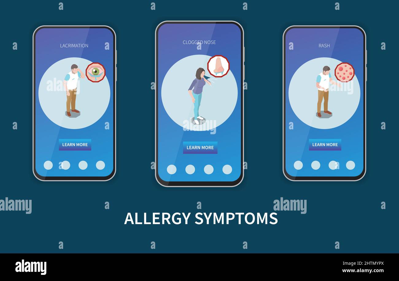 Allergy symptoms online info 3 isometric mobile screens banners set ...