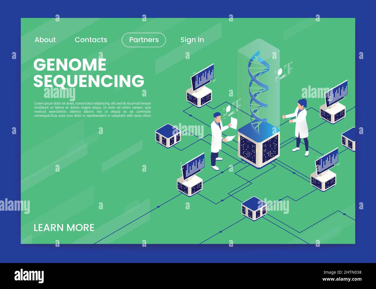 engineering isometric page design with genome sequencing symbols vector illustration
