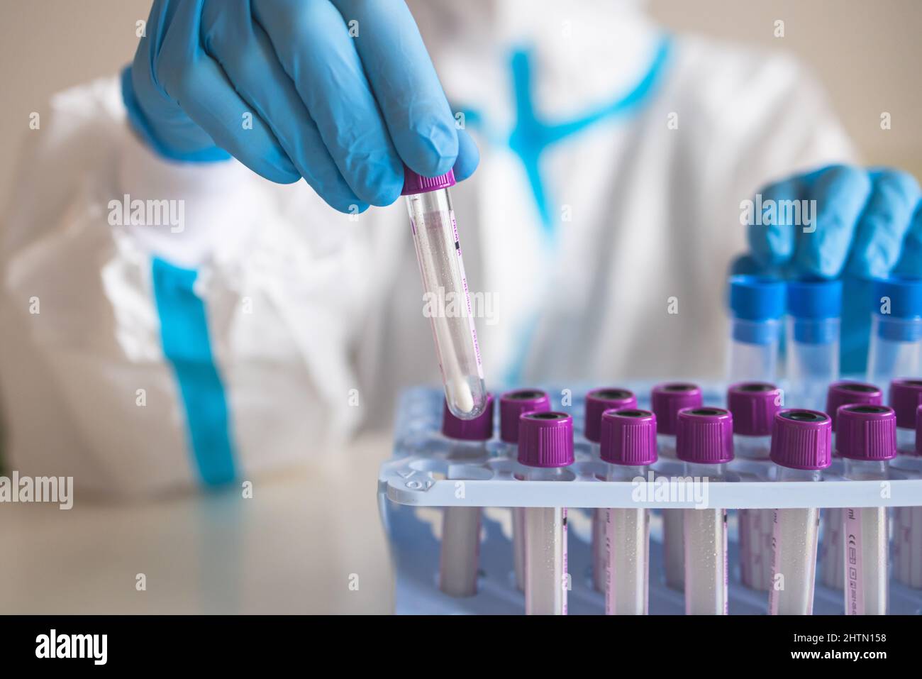 Process of coronavirus PCR antigen testing examination by nurse medic ...
