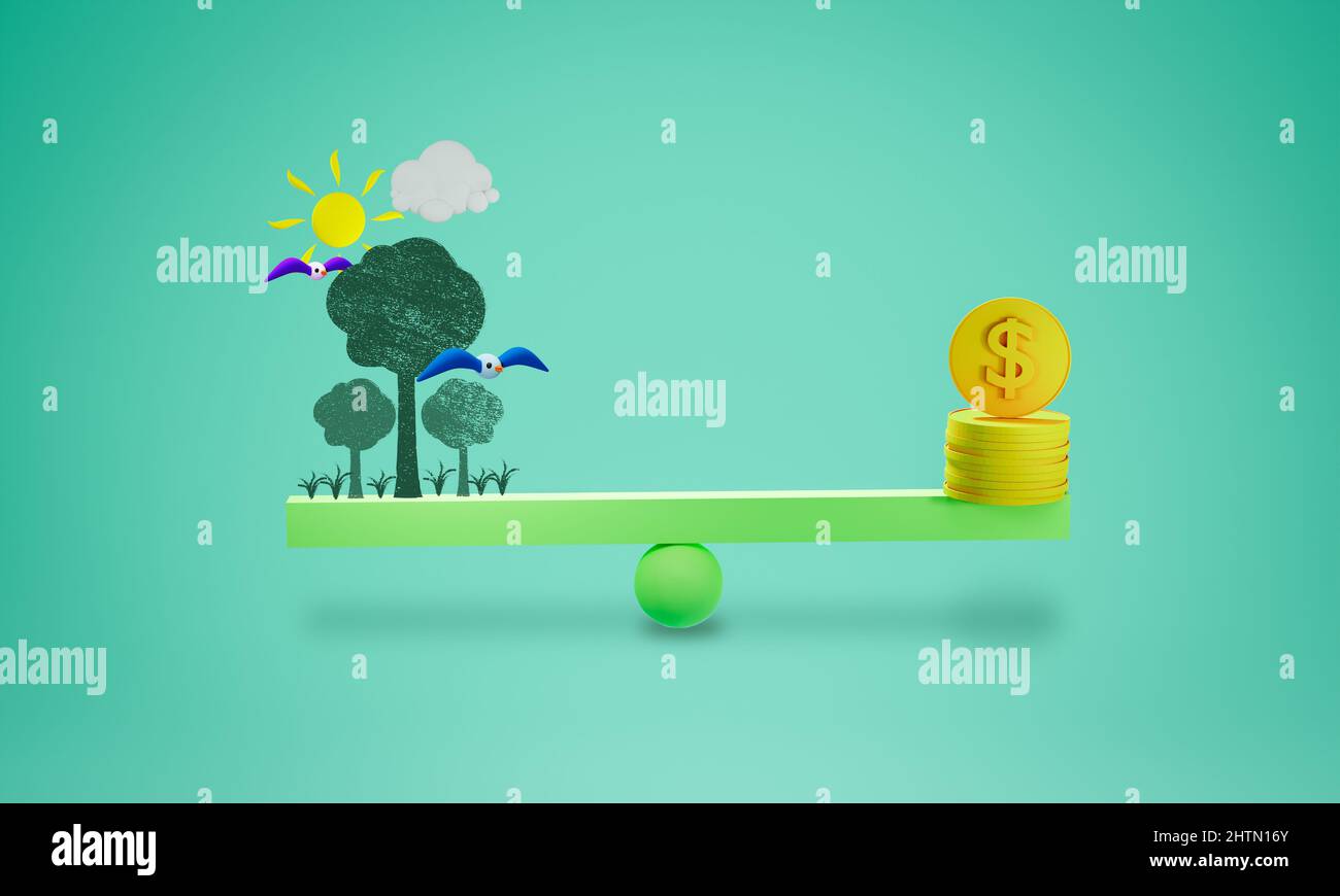 Coins on scales with the environment, balancing money and nature, eco environmental balance concept 3D illustration Stock Photo