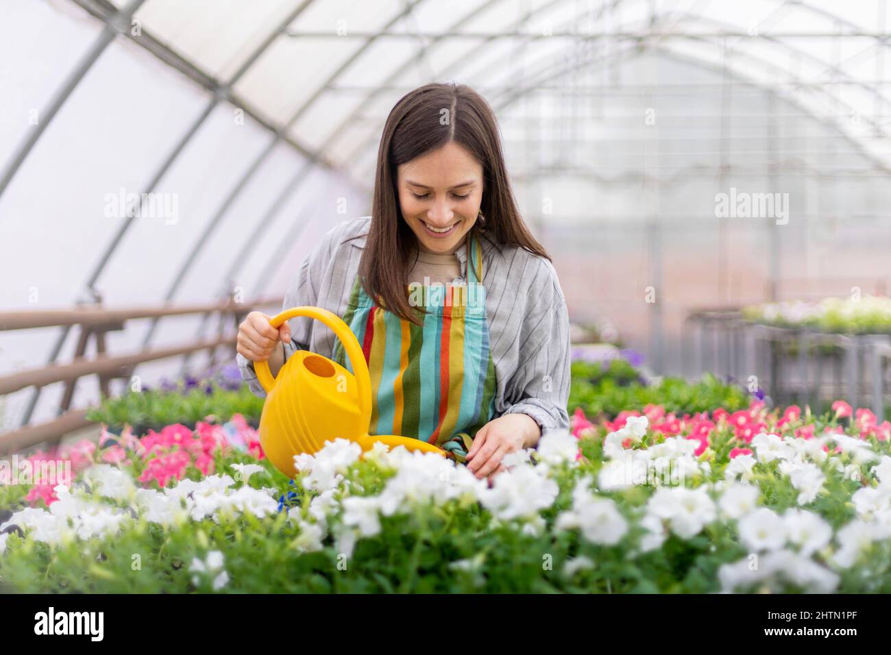 Cheerful female florist pouring fresh water on floral flowerbed with